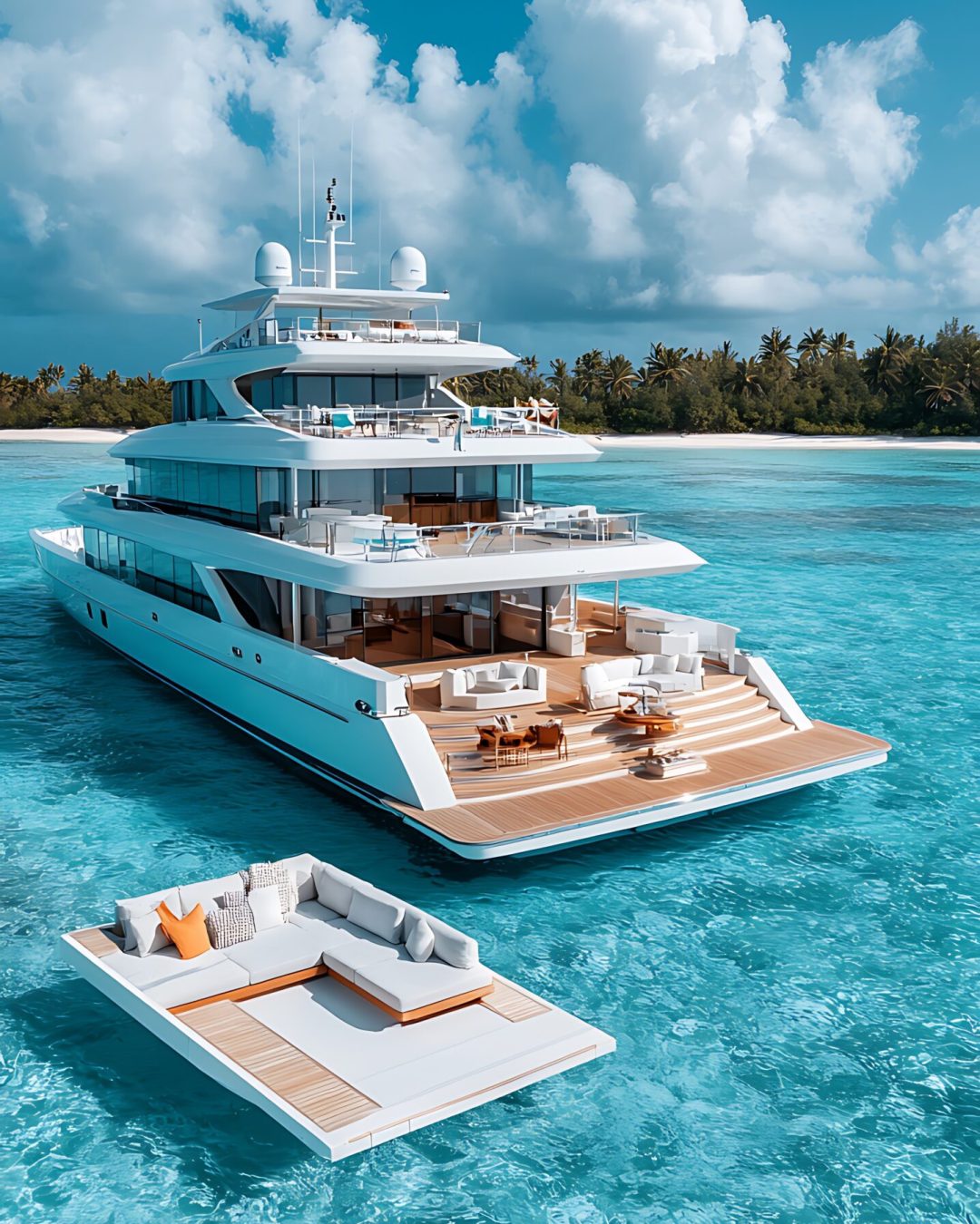 Luxurious yacht in turquoise water, sun deck, seating, clear sky, tropical paradise Yatch-Xchange